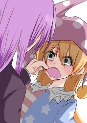 Rule 34 | 2girls, absurdres, american flag dress, anger vein, angry, blonde hair, cheek pull, clownpiece, hat, height difference, highres, jester cap, looking at another, looking up, multiple girls, purple hair, reisen udongein inaba, takorice, tearing up, tears, touhou, trembling