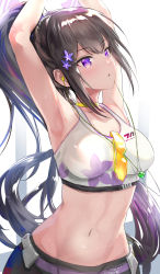 Rule 34 | 1girl, :o, armpits, arms up, blue archive, breasts, brown hair, choker, hair ornament, highres, long hair, medium breasts, midriff, navel, ponytail, purple eyes, solo, sports bra, sports sunglasses, sportswear, sumire (blue archive), sunglasses, sweat, uenoryoma, white background, yellow choker
