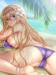 Rule 34 | 1girl, akino hamo, ass, barefoot, beach, bikini, blonde hair, blue eyes, blush, breasts, butt crack, cameltoe, day, dutch angle, from behind, granblue fantasy, hair between eyes, highres, jeanne d&#039;arc (granblue fantasy), large breasts, long hair, looking at viewer, looking back, lying, nipples, on stomach, outdoors, parted lips, purple bikini, sand, shade, silhoutte, solo, sunlight, swimsuit, untied bikini, very long hair, water