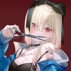 Rule 34 | 1girl, black bow, black bra, black camisole, black choker, blonde hair, blue coat, blue jacket, bow, bra, breasts, camisole, choker, coat, collar, collarbone, commentary request, crying, crying with eyes open, cutting hair, cutting own hair, hair bow, hair over eyes, hair over shoulder, hand up, highres, holding, holding own hair, holding scissors, jacket, long hair, long sleeves, looking at viewer, miwano rag, off shoulder, open clothes, open jacket, original, red background, red eyes, scissors, simple background, small breasts, solo, tearing up, tears, underwear, upper body