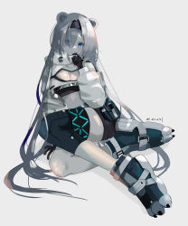 Rule 34 | 1girl, absurdres, animal ears, arknights, artist name, aurora (arknights), bear ears, belt pouch, black gloves, black hairband, black shorts, blue eyes, blue footwear, breasts, clawed boots, cleavage, closed mouth, crop top, enne kl, eyes visible through hair, full body, gloves, hair ornament, hair over one eye, hairband, hairclip, highres, infection monitor (arknights), knee pads, long hair, long sleeves, looking at viewer, medium breasts, pouch, short shorts, shorts, silver hair, sitting, solo, sports bra, unzipped, very long hair
