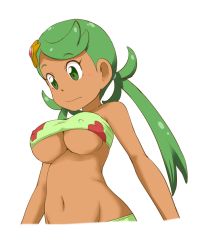 Rule 34 | 1girl, bikini, blush stickers, breasts, closed mouth, covered erect nipples, creatures (company), dark-skinned female, dark skin, from below, game freak, gen 1 pokemon, green bikini, green eyes, green hair, hair ornament, long hair, looking down, low twintails, mallow (pokemon), medium breasts, navel, nintendo, pokemon, pokemon (anime), pokemon (creature), pokemon sm (anime), simple background, smile, solo, star (symbol), star hair ornament, staryu, stomach, swept bangs, swimsuit, tareme, tof, twintails, underboob, white background