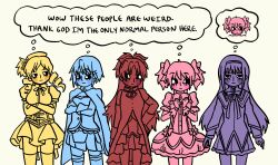 Rule 34 | 5girls, absurdres, akemi homura, beret, cloak, commentary, dress, drill hair, english commentary, english text, expressionless, fortissimo, frilled dress, frills, hair ornament, hairband, hand on own hip, hat, high ponytail, highres, kaname madoka, long hair, looking at another, looking at viewer, magical girl, mahou shoujo madoka magica, mahou shoujo madoka magica (anime), miki sayaka, multiple girls, musical note, musical note hair ornament, puffy short sleeves, puffy sleeves, sakura kyoko, short hair, short sleeves, skirt, soul gem, standing, thighhighs, thought bubble, tomoe mami, twin drills, wondernyanz