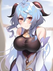 Rule 34 | 1girl, absurdres, aburai yui, ahoge, blue hair, bodystocking, breasts, commentary request, ganyu (genshin impact), genshin impact, high-waist skirt, highres, horns, large breasts, long hair, looking at viewer, orange eyes, skirt, solo, white skirt