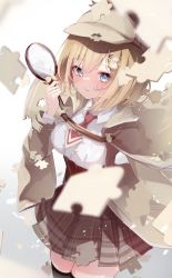 Rule 34 | 1girl, blonde hair, blue eyes, blush, breasts, brown hair, brown hat, brown skirt, brown thighhighs, closed mouth, coat, collared shirt, hat, high-waist skirt, highres, holding, holding magnifying glass, hololive, hololive english, looking at viewer, magnifying glass, medium breasts, medium hair, motoi (croa76), necktie, plaid, plaid skirt, pleated skirt, red necktie, shirt, shoes, skirt, smile, solo, squatting, standing, thigh strap, thighhighs, trench coat, virtual youtuber, watson amelia, white shirt, zettai ryouiki