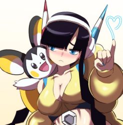 Rule 34 | 1girl, arm up, averting eyes, black eyes, black hair, blue eyes, blue nails, blunt bangs, blush, blush stickers, breasts, cheek-to-cheek, cleavage, closed mouth, coat, collarbone, creatures (company), crop top, ddingyong, elesa (pokemon), embarrassed, emolga, female focus, game freak, gen 5 pokemon, gradient background, half-closed eyes, hand up, happy, head tilt, headphones, heads together, heart, large breasts, long hair, long sleeves, looking at viewer, looking to the side, nail polish, nintendo, nose blush, open clothes, open coat, open mouth, pinky out, pokemon, pokemon (creature), pokemon bw2, shiny skin, shirt, shy, simple background, single bare shoulder, sleeveless, sleeveless shirt, smile, twintails, upper body, yellow background, yellow coat, yellow shirt