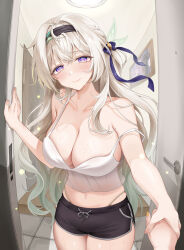 1girl absurdres alternate_costume bare_shoulders black_hairband black_shorts blush breasts camisole cleavage collarbone cowboy_shot dolphin_shorts doorway firefly_(honkai:_star_rail) grabbing_another&#039;s_hand grey_hair hair_between_eyes hair_ornament hairband hamo_(miyo_rmo2) highres holding_hands honkai:_star_rail honkai_(series) indoors large_breasts long_hair looking_at_viewer midriff navel open_door panty_straps pov pov_doorway pov_hands shorts single_off_shoulder smile solo_focus thighs two-tone_eyes white_camisole