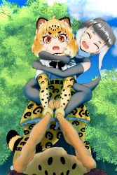 Rule 34 | 2girls, animal ears, animal print, black hair, blonde hair, bow, bowtie, carrying, cat girl, colored inner hair, day, elbow gloves, extra ears, from below, fur collar, fuzimiinuyamada, gloves, grabbing, grey hair, highres, holding another&#039;s wrist, hug, hug from behind, jaguar (kemono friends), jaguar ears, jaguar girl, jaguar print, jaguar tail, kemono friends, leaning to the side, looking at another, medium hair, multicolored hair, multiple girls, open mouth, orange eyes, otter ears, otter girl, otter tail, outdoors, outstretched arms, pantyhose, piggyback, potato, print gloves, print legwear, print skirt, pulling, shirt, short sleeves, skirt, small-clawed otter (kemono friends), smile, standing, tail, teeth, two-tone hair, upper teeth only