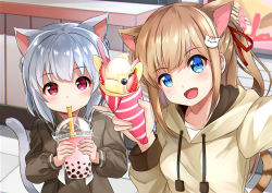 Rule 34 | 2girls, :d, animal ear fluff, animal ears, blue eyes, blush, brown dress, brown hair, brown hoodie, cat ears, cat girl, cat hair ornament, cat tail, collared dress, commentary request, cup, disposable cup, drawstring, dress, drinking, drinking straw, fingernails, food, hair between eyes, hair ornament, hair ribbon, highres, holding, holding cup, holding food, hood, hood down, hoodie, long hair, long sleeves, multiple girls, one side up, open mouth, original, outstretched arm, reaching, reaching towards viewer, red eyes, red ribbon, ribbon, selfie, silver hair, smile, sora (silent square), tail, very long hair