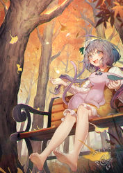 Rule 34 | 1girl, ahoge, autumn, autumn leaves, bare legs, barefoot, bench, creatures (company), crossover, dated, day, dress, espeon, falling leaves, feet, forest, from below, full body, game freak, gen 2 pokemon, leaf, light purple hair, long sleeves, multiple tails, nature, nintendo, open mouth, outdoors, pokemon, pokemon (creature), purple eyes, short dress, short hair with long locks, signature, sitting, smile, tail, teeth, touhou, tree, tsukumo benben, twintails, two tails, upper teeth only, zuizi