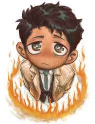 Rule 34 | 1boy, absurdres, angel, black hair, blue eyes, castiel, chibi, coat, facial hair, fluffsnake, forced perspective, full body, highres, male focus, mature male, mini person, miniboy, ring of fire, short hair, simple background, solo, stubble, supernatural (tv series), trench coat, white background