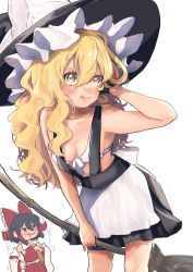 Rule 34 | alternate costume, apron, armpits, ascot, black hair, blonde hair, blush, bow, bra, braid, breasts, detached sleeves, drooling, frills, gloves, hair bow, hair tubes, hakurei reimu, hat, hat bow, highres, japanese clothes, kirisame marisa, licking lips, long hair, looking at viewer, miko, red shirt, red skirt, revealing clothes, shirt, short hair, simple background, single glove, skirt, skirt set, small breasts, tongue, tongue out, touhou, uchisaki himari, underwear, white background, white bra, witch hat, yellow eyes
