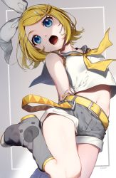 Rule 34 | 1girl, arched back, arms behind back, bare shoulders, blonde hair, blue eyes, bow, breasts, crop top, eyelashes, gevokawa geno, grabbing own arm, grey sailor collar, grey shorts, hair bow, hair ornament, hairclip, head tilt, headphones, headset, highres, kagamine rin, knee up, leg warmers, midriff, nail polish, navel, neckerchief, open mouth, pale skin, sailor collar, sailor shirt, shirt, shorts, signature, sleeveless, sleeveless shirt, small breasts, solo, standing, standing on one leg, swept bangs, treble clef, vocaloid, white bow, yellow nails, yellow neckerchief