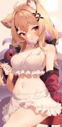 Rule 34 | 1girl, absurdres, ahoge, alheitrakzoth, animal ear fluff, animal ears, armpit crease, bare shoulders, black choker, blonde hair, bow, breasts, cat ears, cat girl, cat tail, choker, cleavage, colored inner hair, commission, cowboy shot, creature, crop top, earrings, facial mark, frilled shirt, frilled skirt, frills, groin, hair bow, hair ornament, halterneck, highres, holding own tail, jacket, jewelry, jun (aousa0328), large breasts, long hair, long sleeves, looking at viewer, midriff, miniskirt, multicolored hair, navel, off shoulder, open clothes, open jacket, parted lips, red eyes, red jacket, ribbon choker, shirt, shyrei faolan, skeb commission, skirt, sleeveless, sleeveless shirt, solo, standing, stomach, strap gap, tail, thighs, virtual youtuber, vyugen, white shirt, white skirt, x hair ornament