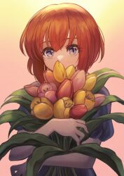 Rule 34 | 1girl, absurdres, bouquet, covering own mouth, dress, flower, highres, holding, holding bouquet, holding flower, looking away, looking to the side, orange hair, original, purple eyes, short hair, short sleeves, solo, tsumurimai, tulip