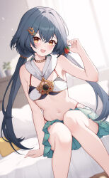 Rule 34 | 1girl, absurdres, black hair, blush, commentary request, crop top, dot nose, food, fruit, green skirt, hair between eyes, hair ornament, highres, holding, holding food, honkai: star rail, honkai (series), indoors, knees together feet apart, long hair, looking at viewer, low twintails, navel, on bed, open mouth, poinia, sitting, skirt, smile, solo, strawberry, twintails, yellow eyes, yunli (honkai: star rail)