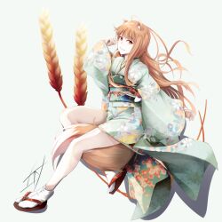 Rule 34 | 1girl, absurdres, animal ears, brown hair, closed mouth, floral print, fudo shin, full body, gradient background, green background, green kimono, green sash, hand up, highres, holo, invisible chair, japanese clothes, kimono, legs, long hair, long sleeves, looking at viewer, obi, print kimono, red eyes, sandals, sash, signature, sitting, socks, solo, spice and wolf, tabi, tail, thighs, wheat, white socks, wide sleeves, wolf ears, wolf girl, wolf tail