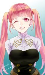Rule 34 | 1girl, arms behind back, belt, breasts, female focus, fire emblem, fire emblem: three houses, garreg mach monastery uniform, grin, highres, hilda valentine goneril, hino michi, large breasts, long hair, looking at viewer, matching hair/eyes, nintendo, one eye closed, pink eyes, pink hair, smile, solo, twintails, uniform, upper body, wink