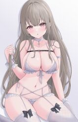 Rule 34 | 1girl, :o, absurdres, arm strap, arm support, belt, black belt, black bow, blush, bow, bra, breasts, brown hair, chest belt, choker, commentary request, cross, drop shadow, ear piercing, fingernails, frilled panties, frills, front-tie bra, garter straps, grey background, hand up, highres, holding, holding hair, lace, lace choker, large breasts, long fingernails, long hair, looking at viewer, mole, mole on breast, nail polish, navel, original, panties, parted lips, piercing, pink eyes, pink nails, simple background, sitting, solo, thighhighs, underwear, underwear only, uni ikura, very long hair, wariza, white bra, white choker, white panties, white thighhighs, wrist cuffs