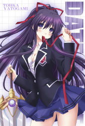 Rule 34 | 1girl, black jacket, blue skirt, blush, breasts, character name, cleavage, collarbone, copyright name, cowboy shot, date a live, floating hair, hair between eyes, hair ribbon, hand on hilt, head tilt, high ponytail, highres, jacket, kagura ittou, large breasts, long hair, miniskirt, panties, pleated skirt, purple eyes, purple hair, red ribbon, ribbon, shirt, skirt, solo, standing, sword, underwear, very long hair, weapon, white panties, white shirt, yatogami tooka