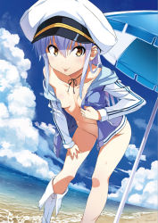 Rule 34 | 1girl, beach, beach umbrella, breasts, feet out of frame, hand on own thigh, hat, highres, hood, island (game), jacket, kuuchuu yousai, leaning forward, long hair, long sleeves, looking at viewer, naked jacket, navel, neck ribbon, off shoulder, official art, ohara rinne, open clothes, open jacket, peaked cap, photoshop (medium), ribbon, shoes, unworn shoes, silver hair, small breasts, solo, standing, umbrella, water, yellow eyes