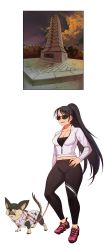 Rule 34 | 1girl, bad id, bad pixiv id, black hair, breasts, cleavage, dog, full body, highres, jacket, large breasts, leash, long hair, midriff, mole, mole on breast, navel, original, pagong, ponytail, red eyes, shoes, sneakers, solo, spandex, sunglasses, tinted eyewear