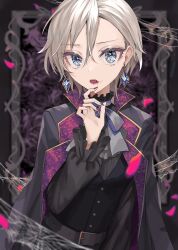 Rule 34 | 1girl, anastasia (idolmaster), arm up, belt, black nails, blood, blood on face, blue eyes, breasts, buttons, crystal earrings, dangle earrings, earrings, expressionless, formal, grey necktie, grey suit, hair between eyes, hand on own chin, highres, idolmaster, idolmaster cinderella girls, jacket, jewelry, long bangs, looking at viewer, medium breasts, necktie, open mouth, petals, purple nails, rum raisin (chihiromakita19), shirt, silk, solo, spider web, suit, suit jacket, thick eyelashes, turtleneck, upper body, vampire, vampire costume, white hair