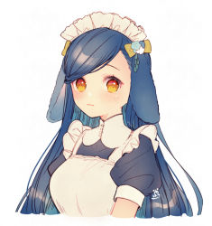 Rule 34 | 1girl, :3, aged up, animal ears, apron, blue hair, bow, breasts, closed mouth, flower, hair bow, hair flower, hair ornament, honzuki no gekokujou, kemonomimi mode, large breasts, long hair, looking at viewer, maid apron, maid headdress, myne (honzuki no gekokujou), puffy short sleeves, puffy sleeves, rabbit ears, rinndouk, short sleeves, simple background, solo, swept bangs, upper body, white apron, white background, yellow eyes