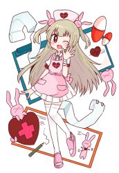 Rule 34 | &gt; &lt;, 1girl, ;d, apron, armband, bandaged arm, bandaged wrist, bandages, blush, cardiogram, clipboard, commentary request, dress, fang, full body, hair ornament, hat, heart, light brown hair, long hair, looking at viewer, mikan (mikabe), natori sana, nurse cap, one eye closed, open mouth, pencil, pill, pink apron, pink headwear, puffy short sleeves, puffy sleeves, rabbit, rabbit hair ornament, sana channel, short sleeves, simple background, skin fang, smile, spread fingers, standing, standing on one leg, thighhighs, toeless footwear, two side up, virtual youtuber, waving, white dress, white thighhighs, whiteboard, zettai ryouiki