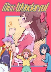 Rule 34 | 1boy, 3girls, :q, arms up, black shirt, blue hair, blue jacket, bob cut, braid, brown hair, cbgb, closed mouth, collared dress, commentary request, cover, cover page, delicious party precure, denim, denim shorts, doujin cover, dress, english text, from side, frown, fuwa kokone, green eyes, green shorts, hair ornament, hair ribbon, hair rings, hairclip, hanamichi ran, hand on own arm, hands on own head, jacket, jacket on shoulders, licking lips, long sleeves, looking at viewer, medium hair, multiple girls, nagomi yui, notice lines, open mouth, outside border, pants, precure, purple eyes, purple hair, red dress, red eyes, red ribbon, ribbon, rosemary (precure), shirt, short hair, short shorts, short sleeves, shorts, smile, standing, tongue, tongue out, twin braids, two side up, watch, white pants, wristwatch, yellow shirt