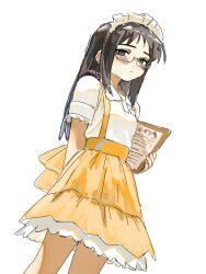 Rule 34 | 1girl, artist name, black hair, blouse, blush, bow skirt, breasts, brown eyes, closed mouth, collared shirt, commentary, dot mouth, dutch angle, embarrassed, english commentary, expressionless, glasses, highres, holding, holding menu, huge bow, kyuunn, long hair, looking at viewer, maid headdress, menu, minakami mai, nichijou, petticoat, rectangular eyewear, semi-rimless eyewear, shirt, sidelocks, signature, simple background, sketch, skirt, small breasts, solo, suspender skirt, suspenders, uniform, waitress, white background, white headdress, white shirt, yellow skirt