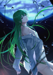 Rule 34 | absurdres, androgynous, bad id, bad pixiv id, bare shoulders, enkidu (fate), fate/grand order, fate/strange fake, fate (series), gender request, green eyes, green hair, head back, highres, long hair, long sleeves, looking at viewer, medical, no pants, partially opened mouth, rrr (reason), shirt, unbuttoned, unbuttoned shirt, very long hair, white shirt