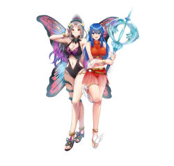Rule 34 | 2girls, absurdres, bare shoulders, belt, bikini, bikini skirt, blue eyes, blue hair, blush, bracelet, breasts, caeda (fire emblem), caeda (summer) (fire emblem), cleavage, closed mouth, clothing cutout, commentary request, facial mark, fairy wings, feet, female focus, fire emblem, fire emblem: mystery of the emblem, fire emblem heroes, forehead mark, full body, grey hair, hair ornament, hand up, high heels, highres, holding, jewelry, large breasts, leg up, long hair, looking at viewer, matching hair/eyes, medium breasts, midriff, multiple girls, navel, navel cutout, nintendo, official art, one-piece swimsuit, open mouth, plumeria (fire emblem), pointy ears, ponytail, ryouma (galley), sandals, see-through, simple background, smile, standing, stomach, swimsuit, thigh strap, thorns, toes, white background, wings