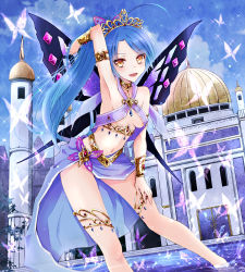 Rule 34 | 1girl, :d, bent over, blue hair, breasts, brown eyes, building, butterfly wings, fairy, insect wings, kay (utd), long hair, looking at viewer, navel, open mouth, original, ponytail, small breasts, smile, solo, tiara, underboob, wings