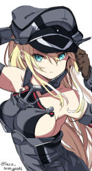 Rule 34 | 1girl, bare shoulders, bismarck (kancolle), blonde hair, blue eyes, breasts, commentary request, detached sleeves, hat, highres, kantai collection, laco soregashi, large breasts, looking at viewer, military, military hat, military uniform, one-hour drawing challenge, peaked cap, sideboob, simple background, solo, twitter username, uniform, upper body, white background