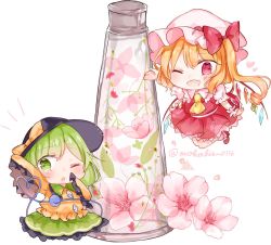 Rule 34 | 2girls, ;d, ;o, ascot, black hat, blonde hair, blouse, bottle, bow, chibi, collared shirt, commentary request, diamond (shape), eyebrows, eyelashes, flandre scarlet, floating, flower, flower request, frilled skirt, frills, gem, green eyes, green hair, green skirt, hair ribbon, hat, hat bow, heart, heart of string, komeiji koishi, leaf, legs together, looking at viewer, mary janes, medium hair, mob cap, moko (mokochisa), multiple girls, one eye closed, open mouth, orange bow, orange shirt, petals, puffy short sleeves, puffy sleeves, red eyes, red footwear, red ribbon, red skirt, red vest, ribbon, shirt, shoes, short sleeves, side ponytail, simple background, skirt, sleeves past fingers, sleeves past wrists, smile, standing, third eye, touhou, triangle, twitter username, vest, white background, white shirt, wings, wrist cuffs, yellow ascot