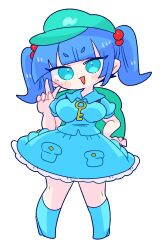 Rule 34 | 1girl, :d, backpack, bag, blue eyes, blue hair, blue headwear, blue shirt, blue skirt, blush, boots, breasts, full body, hair bobbles, hair ornament, hand on own hip, hand up, highres, kawashiro nitori, key, large breasts, looking at viewer, medium hair, op na yarou, open mouth, pigeon-toed, pocket, puffy short sleeves, puffy sleeves, shirt, short sleeves, simple background, skirt, skirt set, smile, solo, touhou, twintails, two side up, v, v-shaped eyebrows, white background