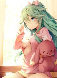 Rule 34 | 1girl, absurdres, blue eyes, blush, bow, breasts, commentary request, crying, crying with eyes open, green hair, hair bow, highres, indoors, kantai collection, long hair, long sleeves, medium breasts, nyum, one eye closed, open clothes, open shirt, partially unbuttoned, shirt, sleepy, solo, stuffed animal, stuffed rabbit, stuffed toy, tears, waking up, yamakaze (kancolle)