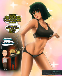 Rule 34 | 1girl, 2boys, absurdres, angry, bare shoulders, black hair, breasts, cleavage, english text, fubuki (one-punch man), genos, green eyes, highres, hip focus, large breasts, legs, light smile, lips, multiple boys, navel, one-punch man, panties, saitama (one-punch man), short hair, smile, sparkle, speech bubble, sports bra, stomach, text focus, underwear