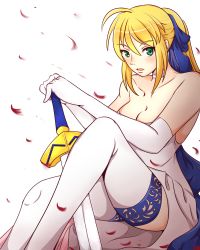 Rule 34 | 1girl, ahoge, artoria pendragon (all), artoria pendragon (fate), bare shoulders, blonde hair, blush, breasts, choker, cleavage, dress, elbow gloves, excalibur (fate/stay night), fate/stay night, fate/unlimited codes, fate (series), gloves, green eyes, hair ribbon, highres, lace, lace-trimmed legwear, lace trim, long hair, official alternate costume, petals, planted, planted sword, planted weapon, ponytail, ribbon, saber (fate), saber (pure night dress) (fate), saber lily, sitting, solo, strapless, strapless dress, sword, thighhighs, wangphing, weapon, white gloves, white thighhighs