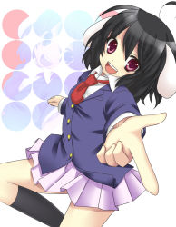 Rule 34 | 1girl, ahoge, animal ears, bad id, bad pixiv id, black hair, blazer, bob cut, cosplay, etou (cherry7), fang, female focus, finger gun, foreshortening, inaba tewi, jacket, jumping, laughing, miniskirt, necktie, open mouth, pleated skirt, purple eyes, rabbit ears, red necktie, reisen udongein inaba, reisen udongein inaba (cosplay), school uniform, skirt, smile, solo, touhou, zoom layer