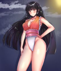 Rule 34 | 1girl, black hair, blush, breasts, cleavage, cloud, cloudy sky, commission, frills, hand on own hip, highres, houraisan kaguya, long hair, looking at viewer, moon, night, night sky, nosopoppor, outdoors, pink eyes, pixiv commission, singlet, sky, smile, solo, touhou, touhou tag dream, wrestling outfit