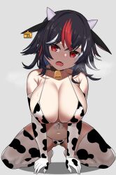 1girl animal_ears animal_print bell bikini black_hair breasts cleavage commentary_request cow_ears cow_girl cow_print cow_print_bikini cow_print_gloves cow_print_thighhighs cowbell elbow_gloves fang full_body gloves highres horns huge_breasts kijin_seija leaning_forward multicolored_hair navel neck_bell print_bikini print_gloves print_thighhighs red_hair skin_fang solo squatting streaked_hair swimsuit thighhighs touhou white_hair zawapirori