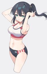 Rule 34 | 1girl, arm behind head, arms up, bare arms, bare shoulders, black buruma, black hair, breasts, buruma, cleavage, closed mouth, commentary request, cropped legs, green eyes, grey background, hair between eyes, highres, long hair, looking at viewer, medium breasts, navel, nirareba, original, ponytail, simple background, solo