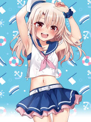 Rule 34 | 1girl, armpits, arms up, bare shoulders, belt, blue sailor collar, blue skirt, blush, breasts, collarbone, crop top, fate/kaleid liner prisma illya, fate (series), hair between eyes, hat, highres, illyasviel von einzbern, long hair, looking at viewer, midriff, miniskirt, mochi (k620803n), navel, neckerchief, open mouth, red eyes, sailor collar, sailor hat, sailor shirt, shirt, sidelocks, skirt, small breasts, smile, solo, thighs, white hair, white hat, white shirt