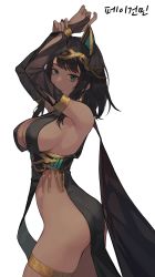 Rule 34 | 1girl, absurdres, animal ears, arms up, ass, black hair, black panties, breasts, bridal gauntlets, closed mouth, contrapposto, cowboy shot, dark skin, dark-skinned female, egyptian, egyptian clothes, fake animal ears, glint, green eyes, highres, large breasts, looking at viewer, no panties, original, panties, photoshop (medium), rk, second-party source, short hair, simple background, smile, solo, thighlet, underwear, white background