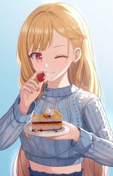 Rule 34 | 1girl, blonde hair, blue background, cake, cake slice, closed mouth, earrings, food, fruit, hair ornament, highres, holding, holding plate, jewelry, long hair, long sleeves, looking at viewer, midriff, one eye closed, plate, project sekai, red eyes, smile, solo, strawberry, sweater, tenma saki