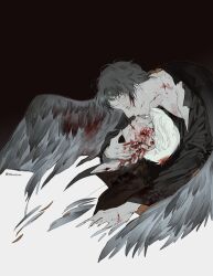 Rule 34 | 2boys, adachi tooru, bite mark, black hair, black jacket, black nails, blood, blood on face, blood on hands, bloody wings, collared shirt, commentary, cropped torso, english commentary, face-to-face, feathered wings, grey eyes, grey wings, hand on another&#039;s chin, highres, jacket, kaninn, kiss, long sleeves, looking at another, looking down, looking up, male focus, multiple boys, narukami yuu, open mouth, persona, persona 4, profile, scared, scratches, shirt, short hair, twitter username, white hair, wide-eyed, wings, yaoi