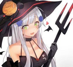 Rule 34 | 1girl, :d, bare shoulders, black choker, black gloves, black hat, black wings, blush, breasts, choker, cleavage, collarbone, commentary, detached wings, elbow gloves, facial mark, fang, girls&#039; frontline, gloves, gradient background, green eyes, grey background, hair ornament, hat, heart, highres, hk416 (girls&#039; frontline), holding, long hair, looking at viewer, medium breasts, meow nyang, mini wings, open mouth, polearm, silver hair, smile, solo, trident, weapon, white background, wings, witch hat