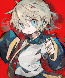 Rule 34 | 1boy, abstract background, absurdres, bandaged fingers, bandages, bandaid, bandaid on cheek, bandaid on face, black sailor collar, black shorts, black sleeves, blonde hair, blue eyes, border, bright pupils, commentary, cowboy shot, detached sleeves, gauze, gauze on neck, glitch, hair between eyes, hands up, headset, highres, kagamine len, looking at viewer, male focus, microphone, mismatched pupils, necktie, open mouth, outside border, red background, sailor collar, shirt, short hair, short sleeves, shorts, smile, solo, soresaki, vocaloid, white border, white pupils, white shirt, wide sleeves, yellow necktie